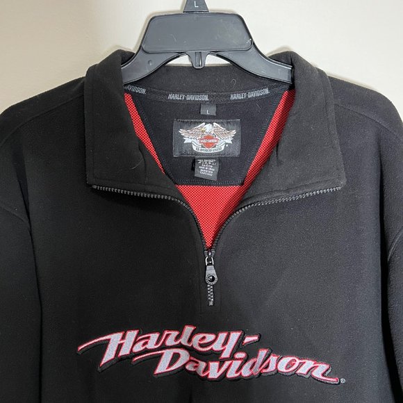 Harley Davidson Men’s Large Fleece Pullover 1/4 Zip Black Red - Picture 2 of 9